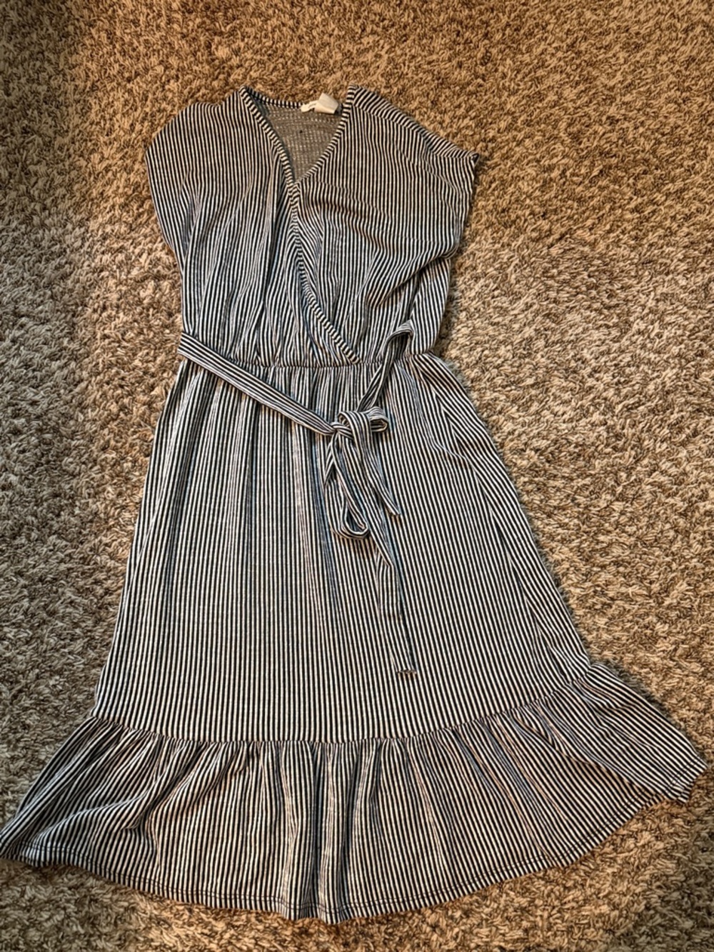 Caution to the Wind striped  V-Neck Tie-Waist Midi Dress in Navy and White